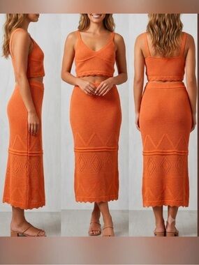 Willow & Wind Crochet Knit Midi Skirt and Top Matching Set in Orange Size Large
